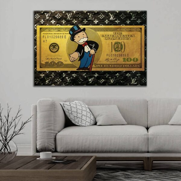 Elevate Your Space with Alec Monopoly LV US Dollar Pop Art Wall Decor - Gold Style Print on Luxury Canvas Featuring Uncle Sam