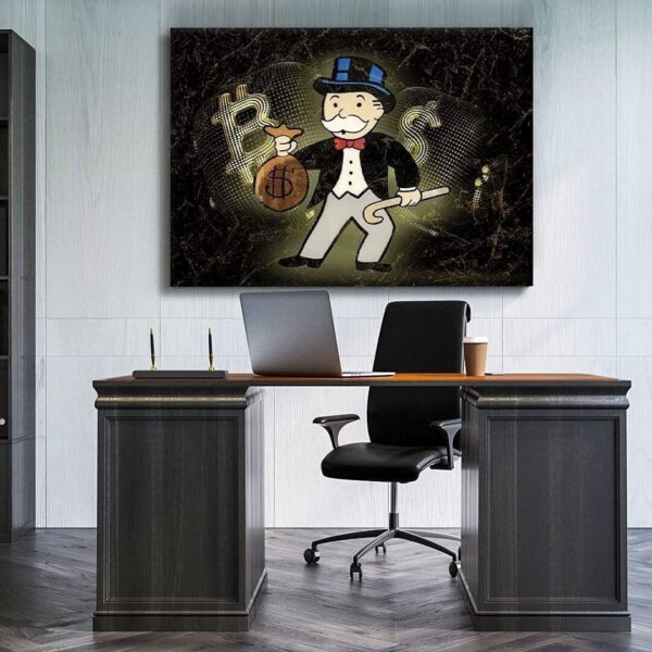 Luxury Alec Monopoly Wall Art - US Dollar vs Bitcoin Pop Print on Canvas with Gold 100 Bill LV Sign and Uncle Sam